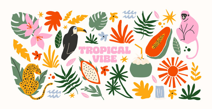 Stickers exotic tropical leaves, tigers, leopards and wild animals, birds, jungle plants, palm trees, monstera leaves and flowers. Set of vector jungle stickers in cartoon retro style