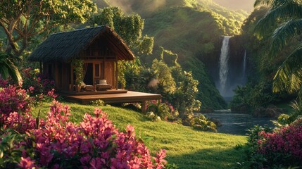 Obraz premium Tropical bungalow near waterfall.