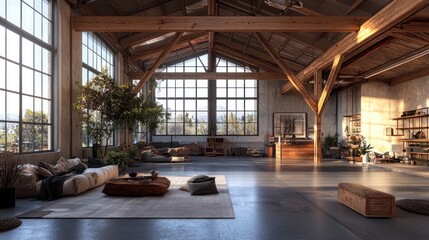 Sunlit industrial loft apartment interior with high ceilings, large windows, exposed beams, and comfortable seating area.