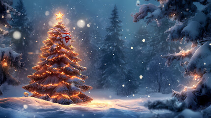 Enchanted winter evening with decorated christmas tree in snowy landscape. Nocturnal - Owl. Illustration