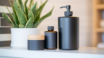 Elegant black cosmetic containers arranged on a white shelf with a green plant in the background