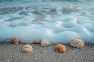 Seashells on the beach at the shoreline