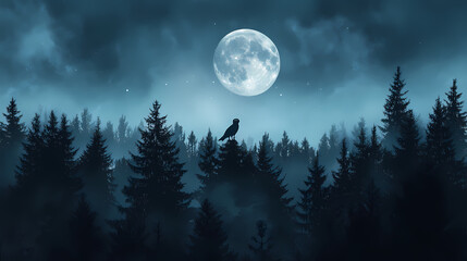 Fototapeta premium Moody and atmospheric night sky with glowing moon and silhouetted evergreen forest. Nocturnal - Owl. Illustration