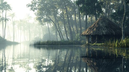Fototapeta premium Misty morning, tranquil river, thatched hut in lush jungle.