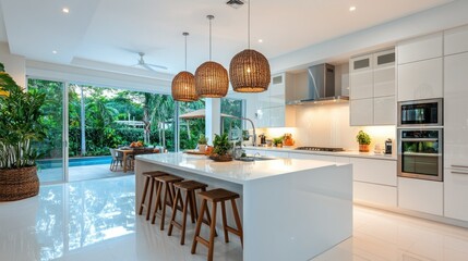Modern kitchen with tropical view, open floor plan, dining area visible, elegant design, home interior