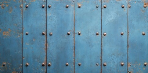 Fototapeta premium A textured blue metal wall with visible bolts and signs of wear, creating an industrial and rustic aesthetic.