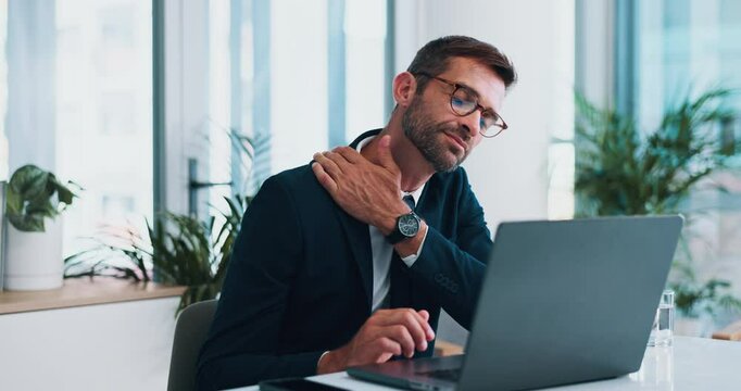 Injury, neck pain and man with laptop, business and browsing for interest rates with tech or accountant. Inflammation, bookkeeper and person with info for financial report, corporate and hurt at work