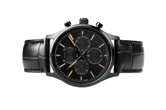 Elegant black chronograph watch with leather strap displayed on white background highlighting its sophisticated design and features