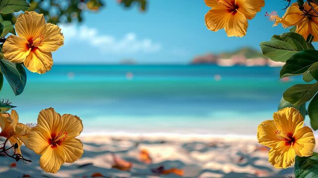 tropical flowers frame summer sea background, beach, hawaii, bahamas, ocean, plumeria, frangipani, petals, plant, southern nature