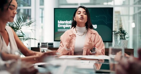 Business woman, discussion or presentation with screen for mental health training or employee wellbeing at office. Female person, coach or speaker talking to team in meeting for social support system