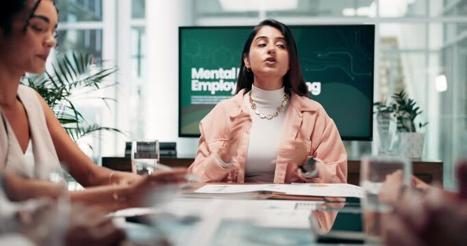 Business woman, discussion or presentation with screen for mental health training or employee wellbeing at office. Female person, coach or speaker talking to team in meeting for social support system