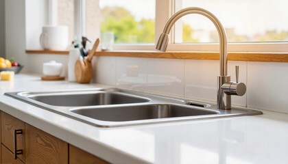 Modern kitchen sink with stainless steel faucet against bright window