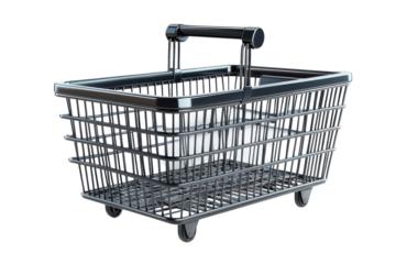 Shopping basket ready for groceries in a supermarket aisle during a busy afternoon