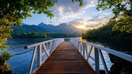 Obraz premium Scenic wooden pier leading to a tranquil lake at sunset with lush mountains. Possible use travel, tourism, nature photography