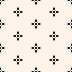 Vector black and white floral minimalist seamless pattern. Abstract minimal geometric ornament with flowers in oriental style. Simple monochrome background. Delicate ornamental texture. Repeat design