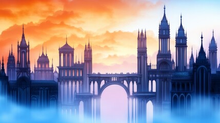 Naklejka premium Majestic fantasy cityscape at sunset with towering spires and vibrant sky, serene atmosphere