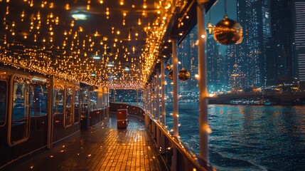 Obraz premium Festive lights illuminate a cruise ship deck at night, overlooking a city skyline.