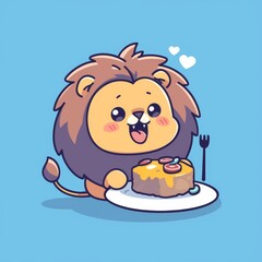 Cute Lion Eats Pizza, Kawaii Style