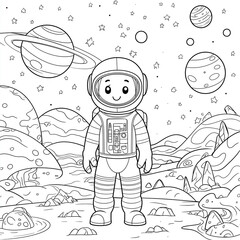 Kolorowanka dla dzieci, astronauta i planety w kosmosie