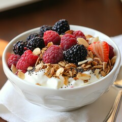 Delicious yogurt bowl with fresh berries and crunchy granola topped with almonds