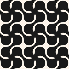 Abstract black and white geometric seamless pattern. Stylish monochrome ornament texture with bold curved shapes, wavy grid, distorted surface. Funky groovy modern background. Repeated vector design