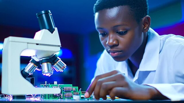 A young African student explores electronics in a hands-on workshop experiment.