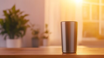 Stainless steel tumbler on wooden table with sunlight streaming through window plants in background