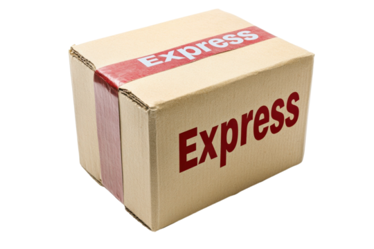 Express delivery package ready for shipment at a logistics facility during daylight hours
