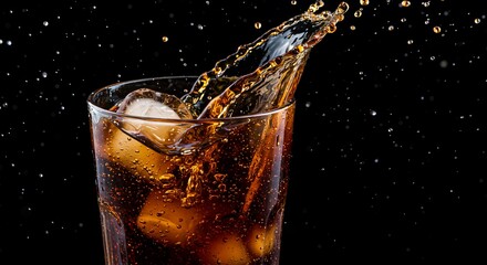 Cola splash, ice cubes, glass, dark background