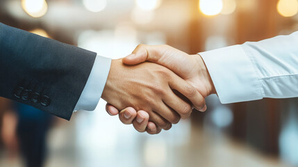  "Professional Agreement: Business People Shaking Hands in Office Hallway"

