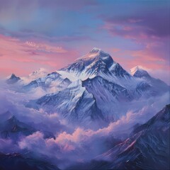Snow-covered peaks stretch into the distance, bathed in the warm yet fading hues of dusk, creating a tranquil mountain view.