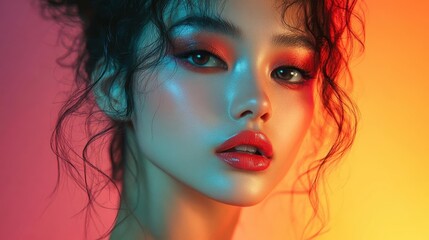 Obraz premium Model with bold makeup, striking a pose, vibrant background