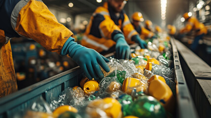 Workers sorting recyclables at a facility during the day