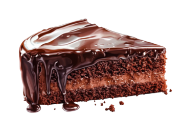 Delicious chocolate cake slice with rich frosting and moist layers served on a white background