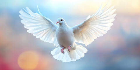 Obraz premium White dove of the holy spirit flying in the sky. Symbol of peace, grace and purity