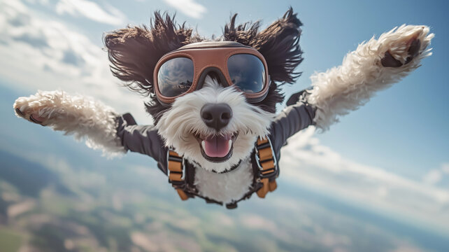 Joyful miniature sheepadoodle soaring through the sky with a playful spirit