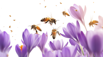 Honey Bees Pollinating Purple Crocus Flowers – Transparent Background

