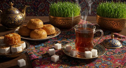 Fototapeta premium Traditional tea set with sweets on decorative tablecloth in warm ambiance 