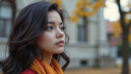 Fototapeta premium Young woman in contemplation against autumnal city backdrop