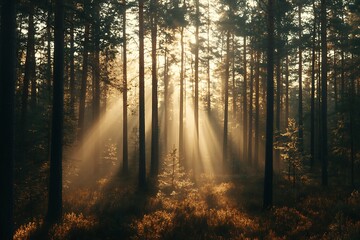 Fototapeta premium Golden Sunlight Piercing Through the Forest