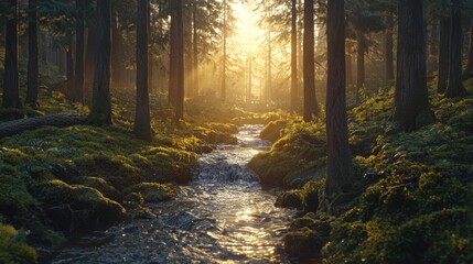 Fototapeta premium Sunlit stream flowing through a misty forest.