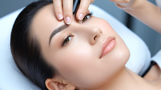 Close up of female face with soft skin. Woman at cosmetology clinic taking a beauty procedure for skin clining