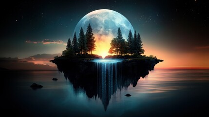 Floating island waterfall sunset moon night sky