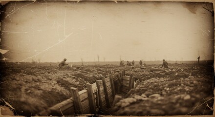 Soldiers in trenches of World War I battlefield. Sepia vintage military photograph. Historical war scene for Remembrance Day, Veterans Day, Memorial Day