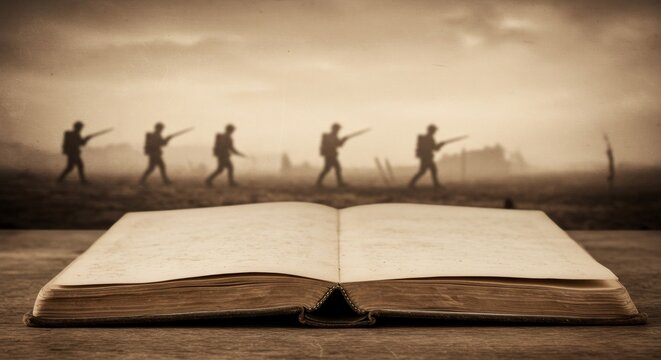 Open book with soldiers marching in background. Sepia toned image for war remembrance, military history, Veterans Day, Memorial Day concept. Literature and storytelling.