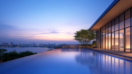 Serene sunset view from a modern infinity pool overlooking a city skyline with tranquil waters