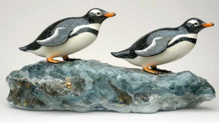 Fototapeta premium Two gentoo penguins perched on a sculpted glass rock.