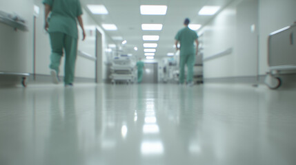 Fototapeta premium Blurred Hospital Corridor with Medical Staff
