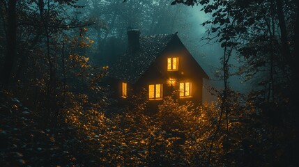 Mysterious house glowing in a foggy forest at night.