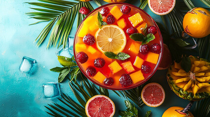 Fototapeta premium Exotic Fruit Punch with Berries and Tropical Fruits, Top View